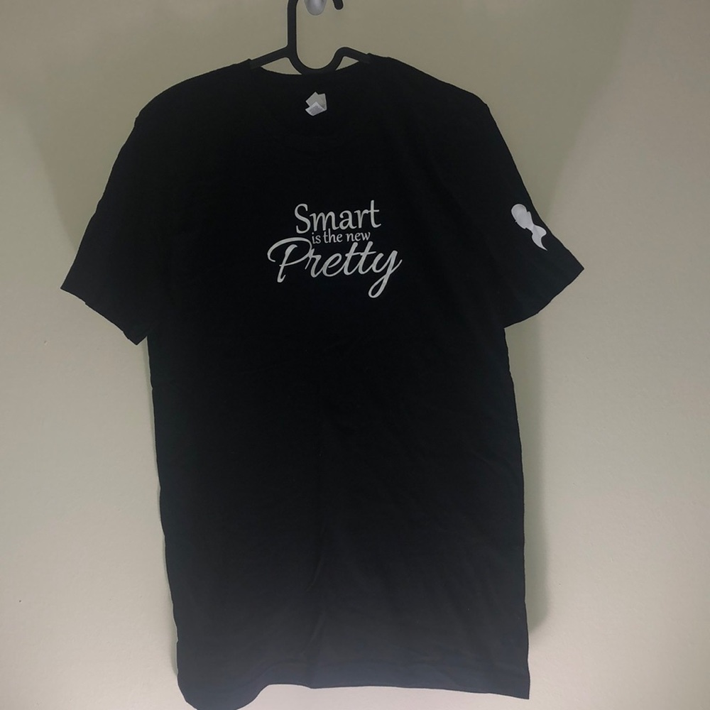Black T-shirt with white lettering "Smart is the new pretty"